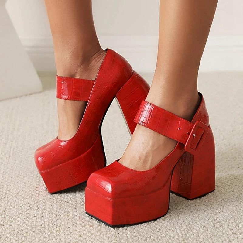 Crocodile Square Toe Platform High Heels - KAYSMAR