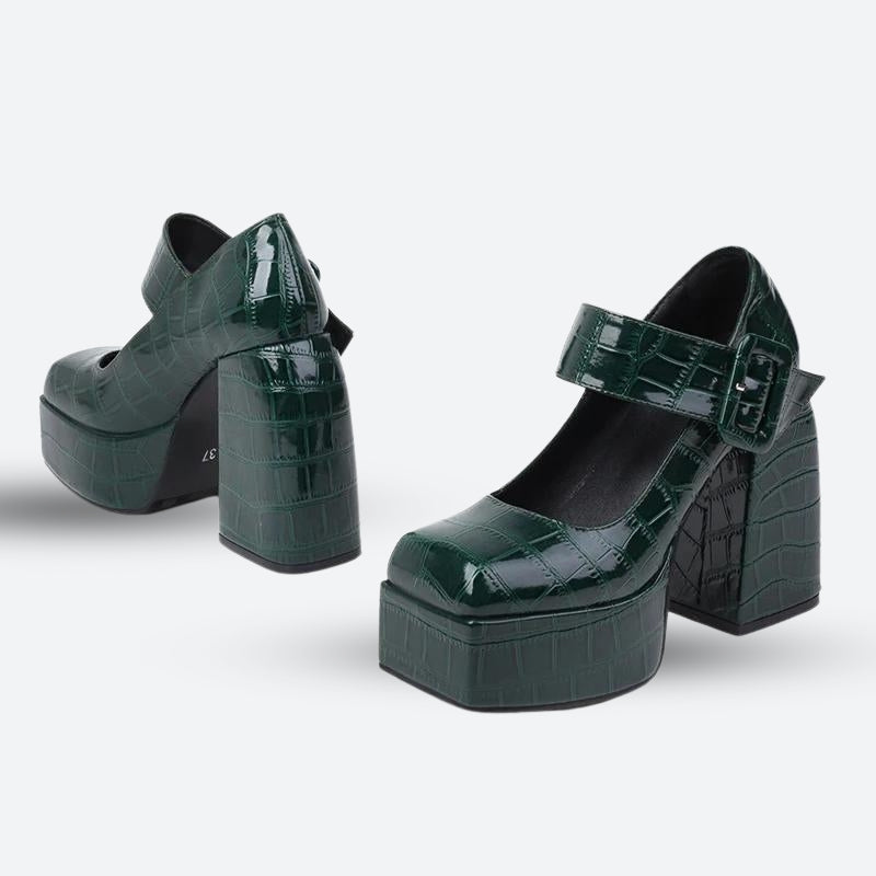 Crocodile Square Toe Platform High Heels - KAYSMAR