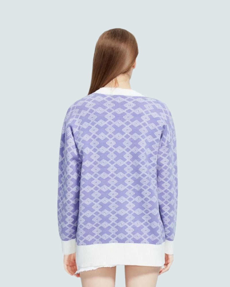 Cross Pattern Buttoned Purple Cardigan - KAYSMAR