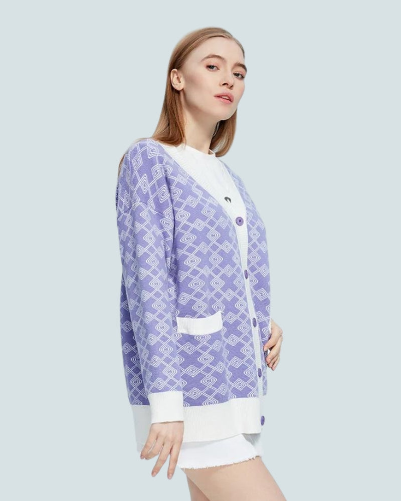 Cross Pattern Buttoned Purple Cardigan - KAYSMAR