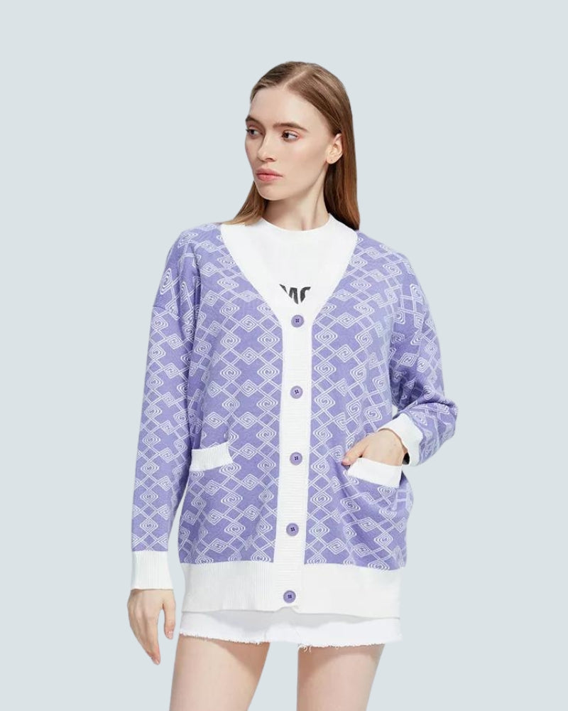 Cross Pattern Buttoned Purple Cardigan - KAYSMAR