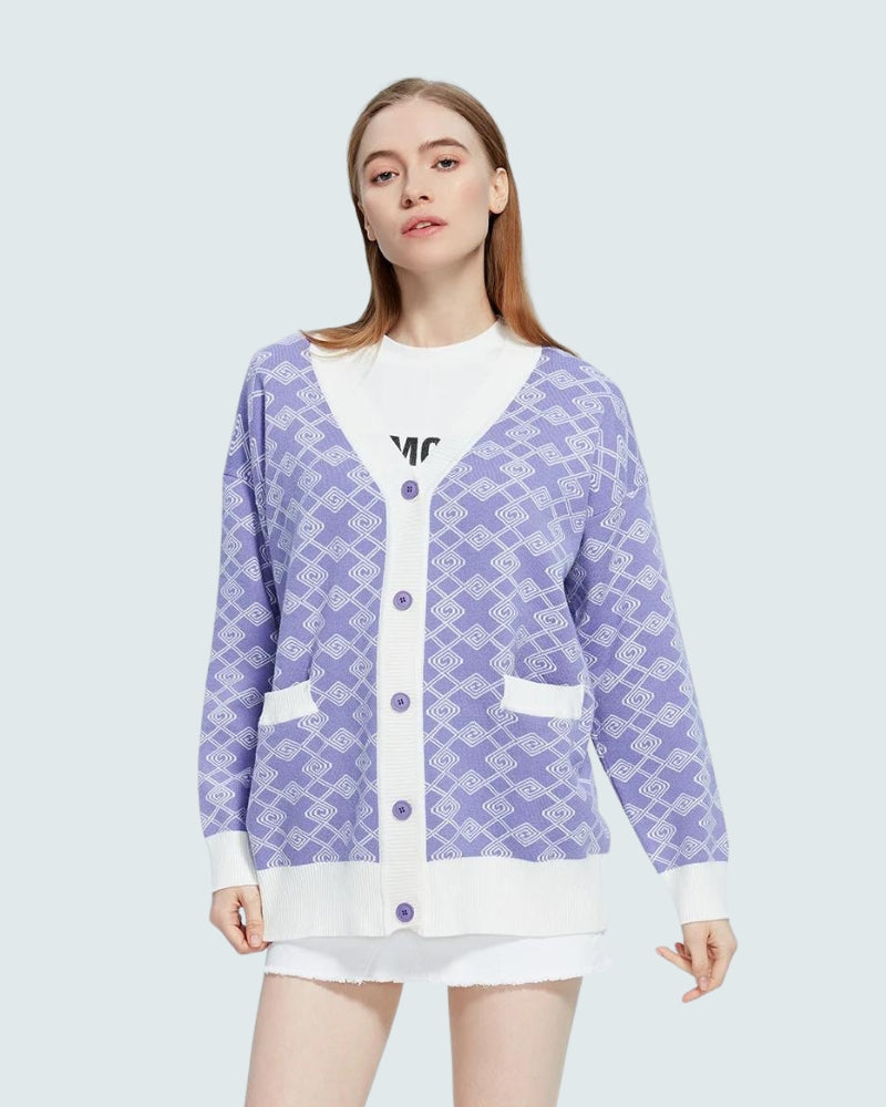 Cross Pattern Buttoned Purple Cardigan - KAYSMAR