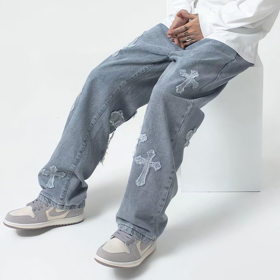 Cross Patchwork Baggy Jeans - KAYSMAR