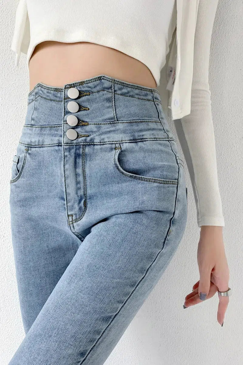 Cut Out Cross Waistband Skinny Jeans - KAYSMAR