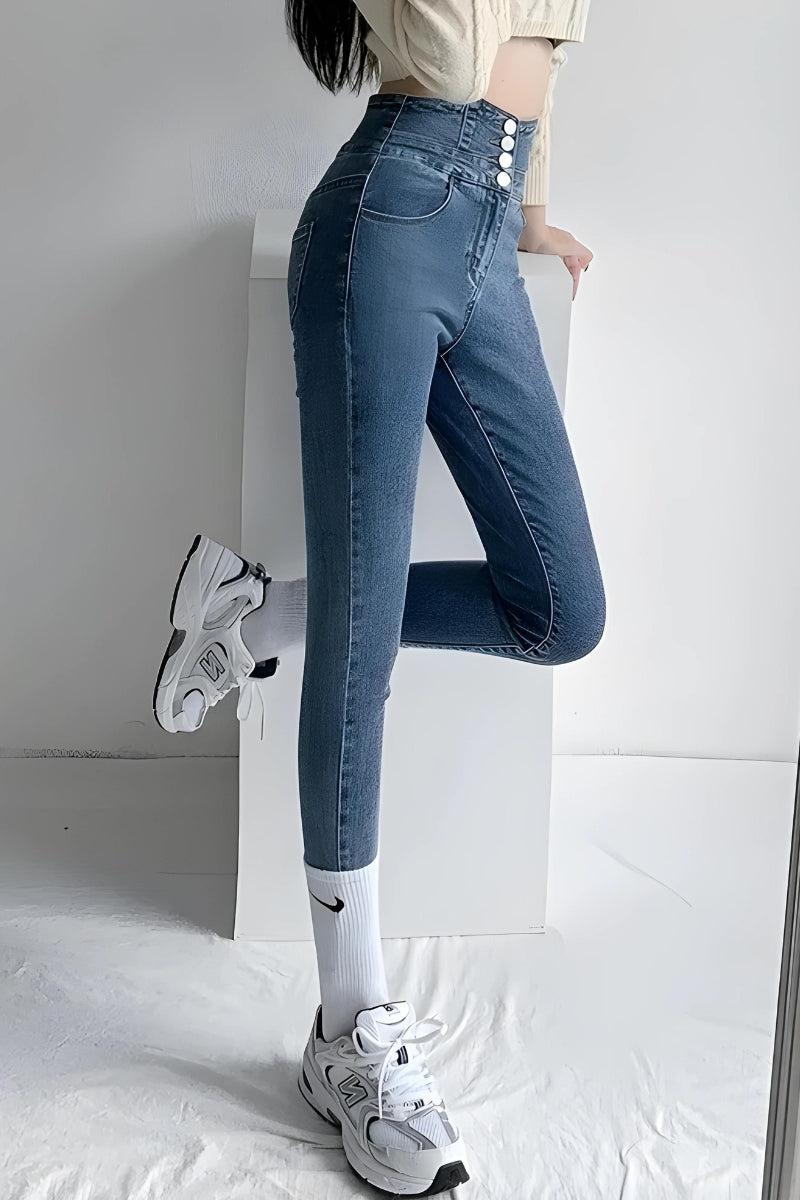 Cut Out Cross Waistband Skinny Jeans - KAYSMAR
