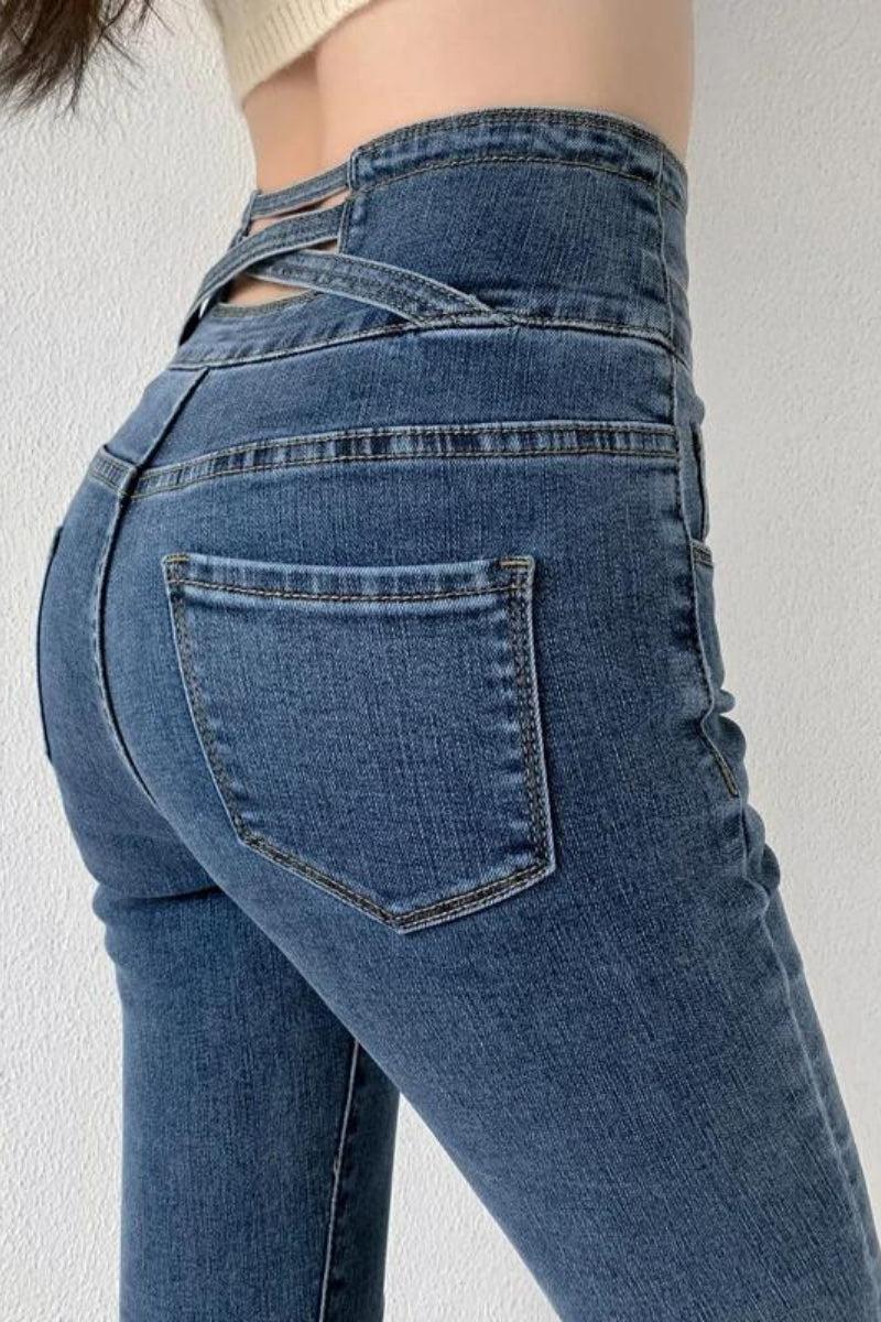 Cut Out Cross Waistband Skinny Jeans - KAYSMAR