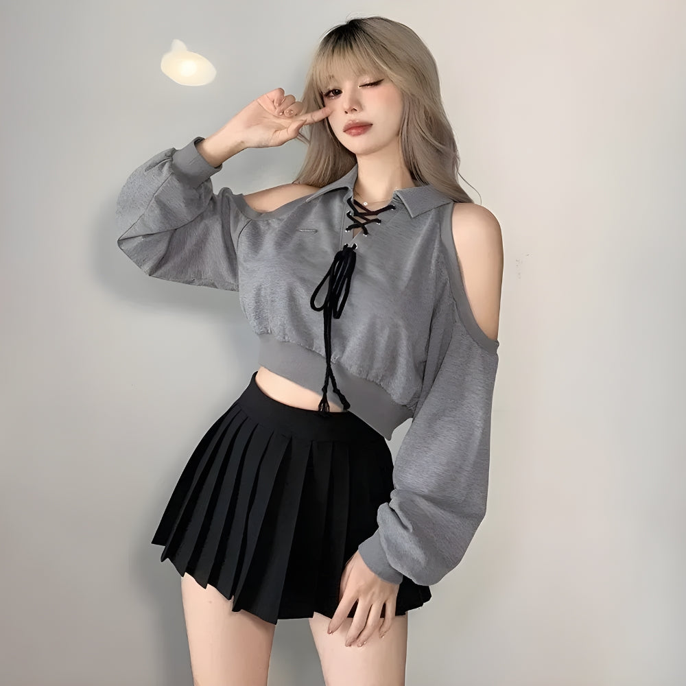 Cut Out Lace Up Cropped Sweatshirt - KAYSMAR