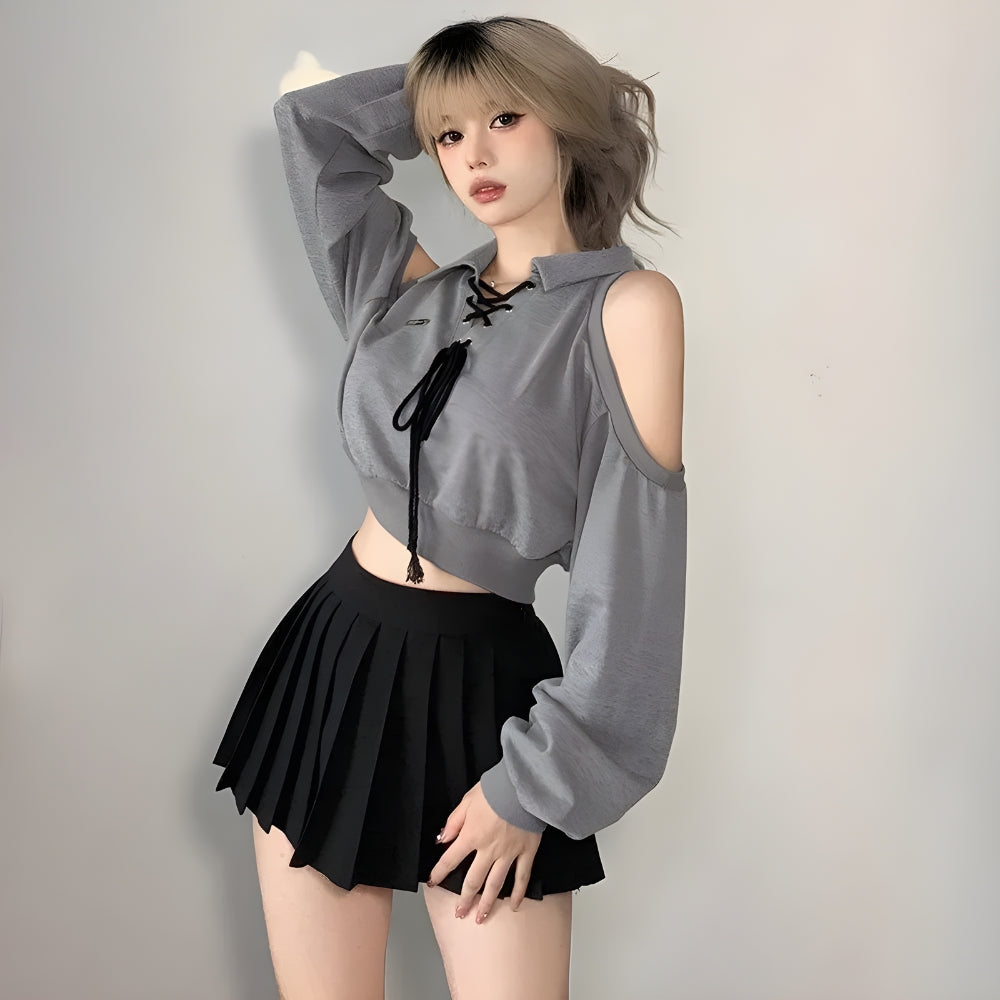 Cut Out Lace Up Cropped Sweatshirt - KAYSMAR