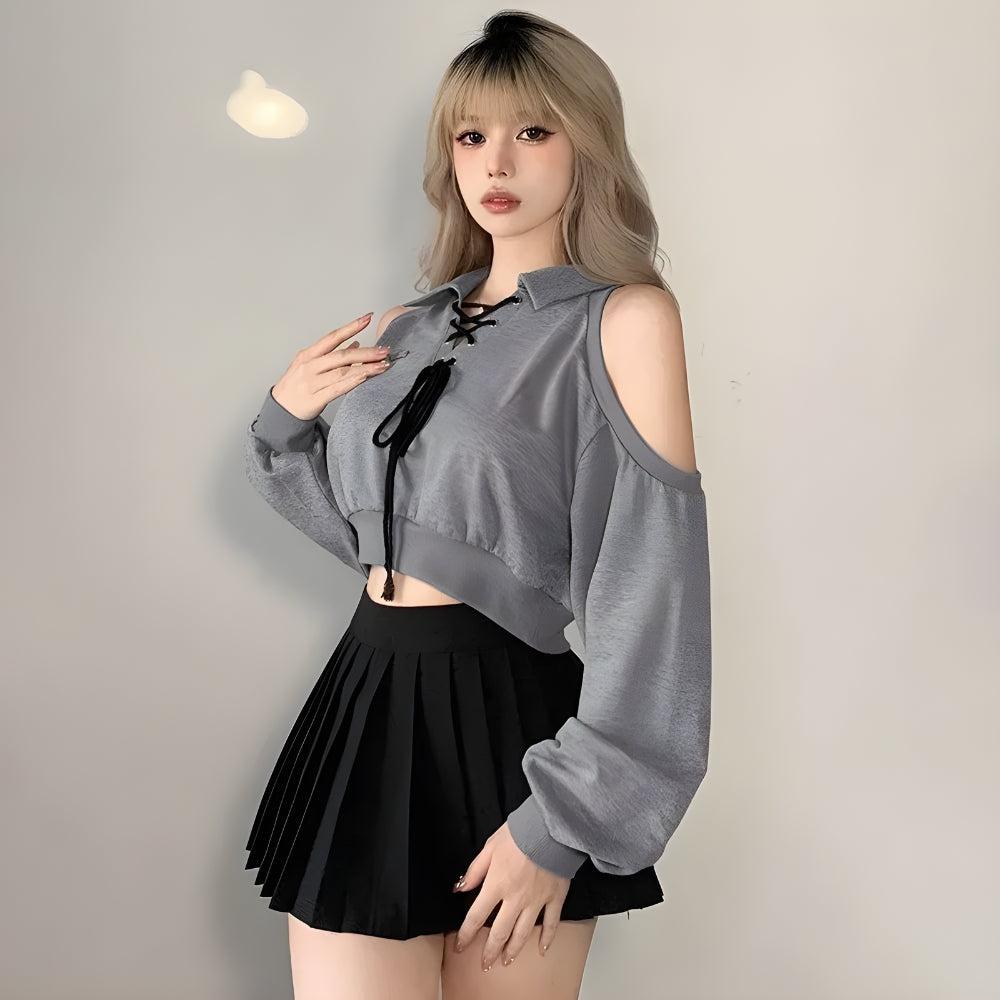 Cut Out Lace Up Cropped Sweatshirt - KAYSMAR