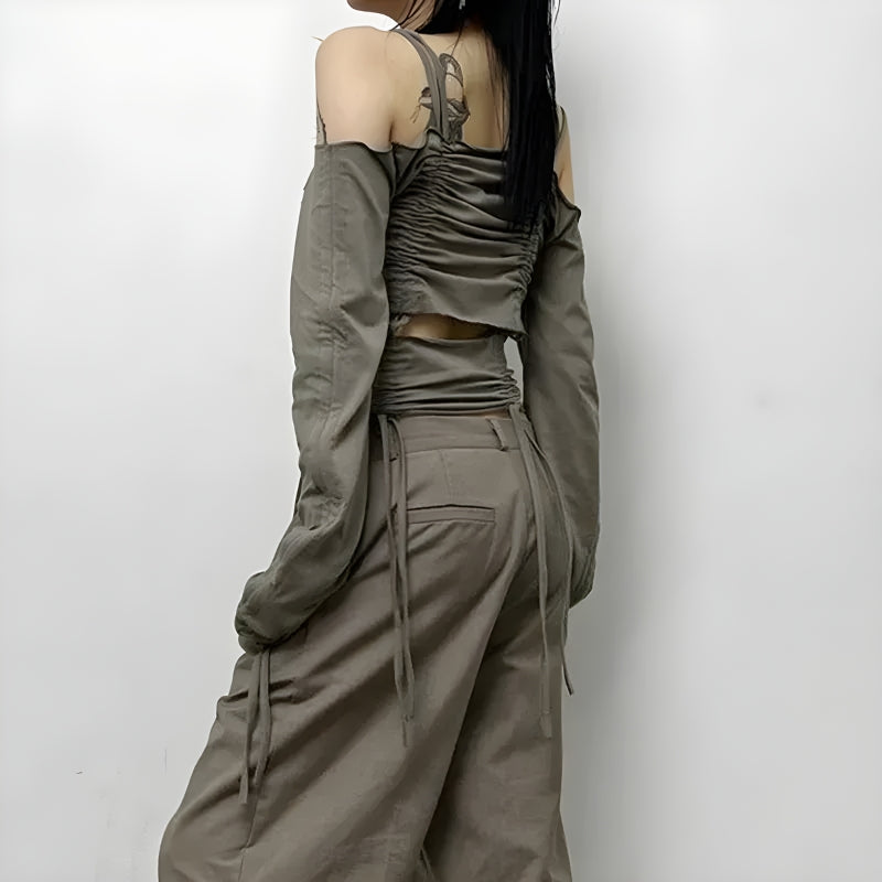Cut-Out Ruched Long Sleeve Top - KAYSMAR