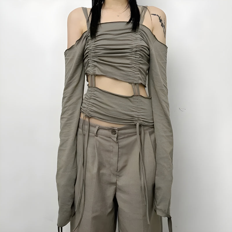 Cut-Out Ruched Long Sleeve Top - KAYSMAR