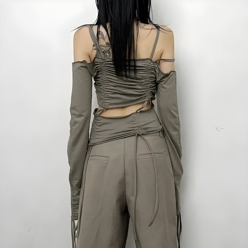 Cut-Out Ruched Long Sleeve Top - KAYSMAR