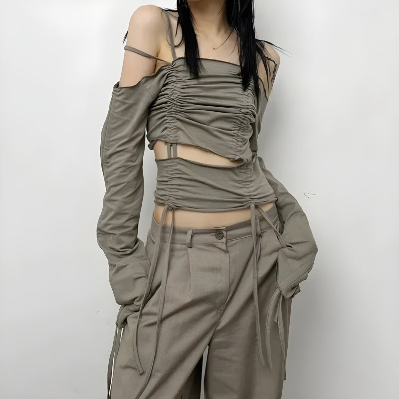 Cut-Out Ruched Long Sleeve Top - KAYSMAR