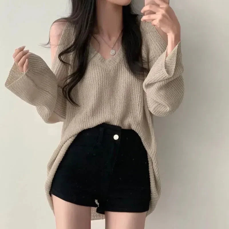 Cut-Out Shoulder Loose Knit Sweater - KAYSMAR