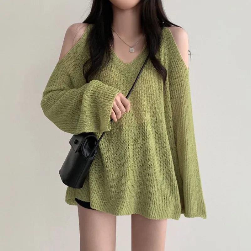 Cut-Out Shoulder Loose Knit Sweater - KAYSMAR