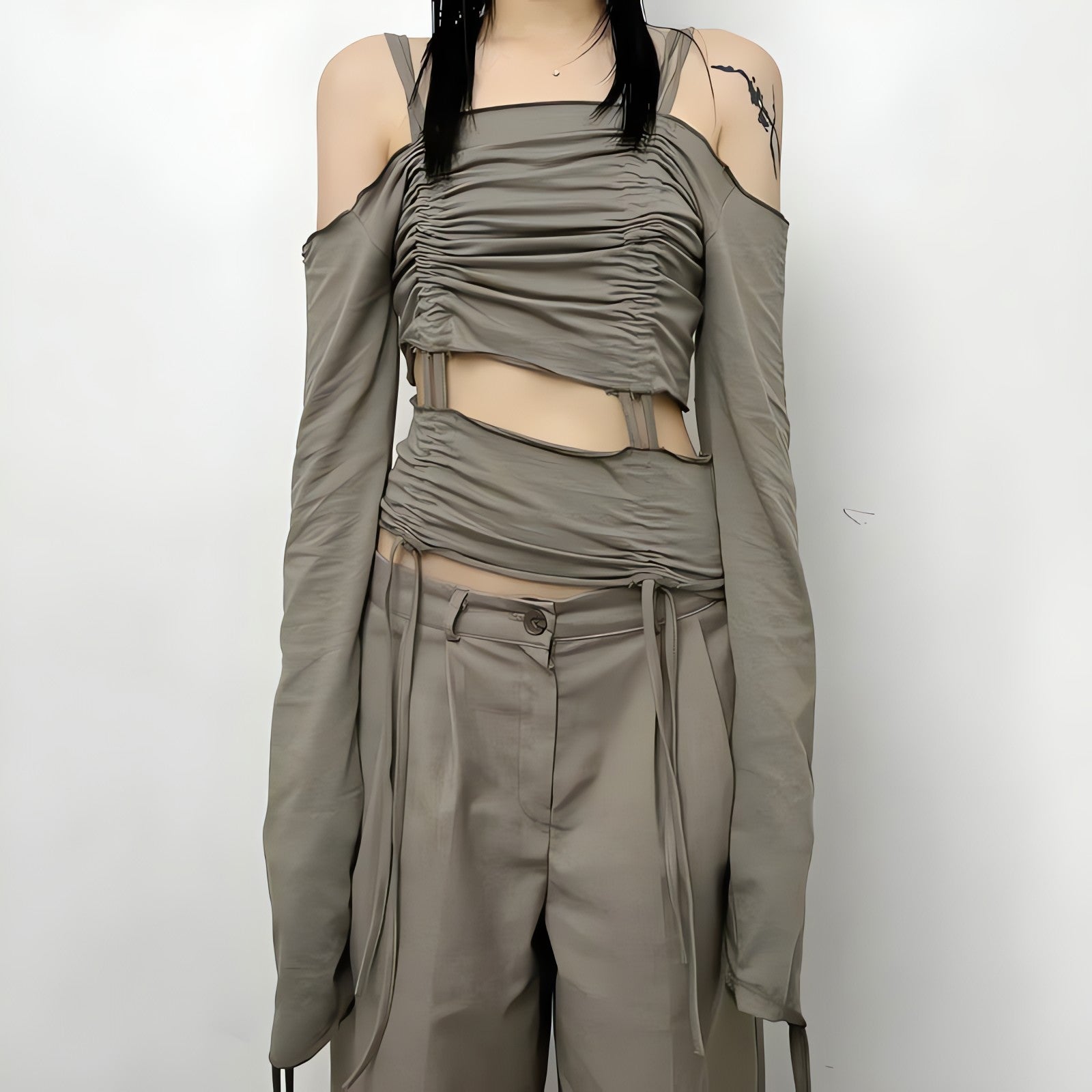 Cut-Out Ruched Long Sleeve Top - KAYSMAR