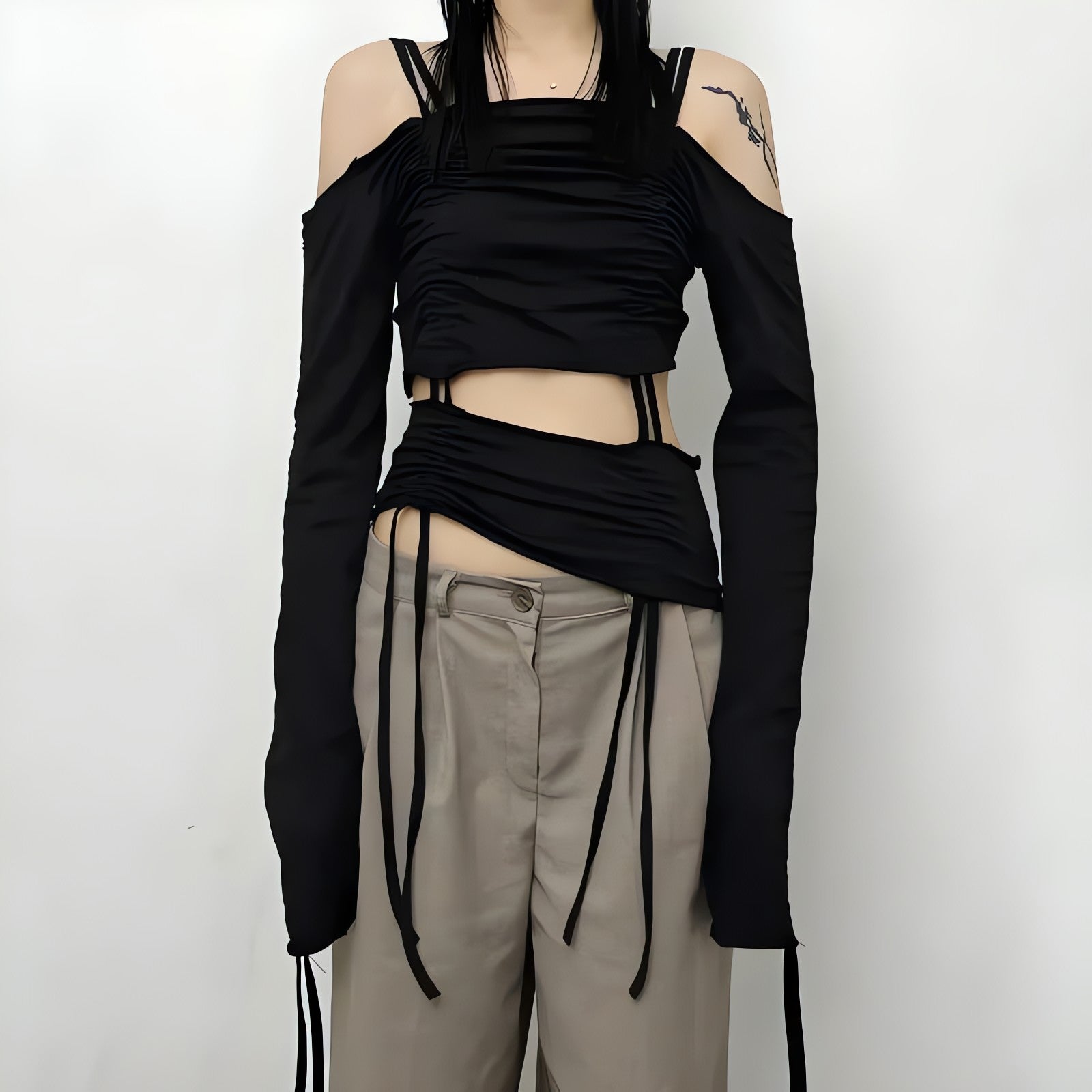Cut-Out Ruched Long Sleeve Top - KAYSMAR