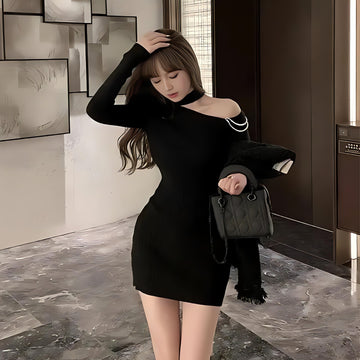 Cut Out Shoulder Rhinestone Mini Dress - KAYSMAR