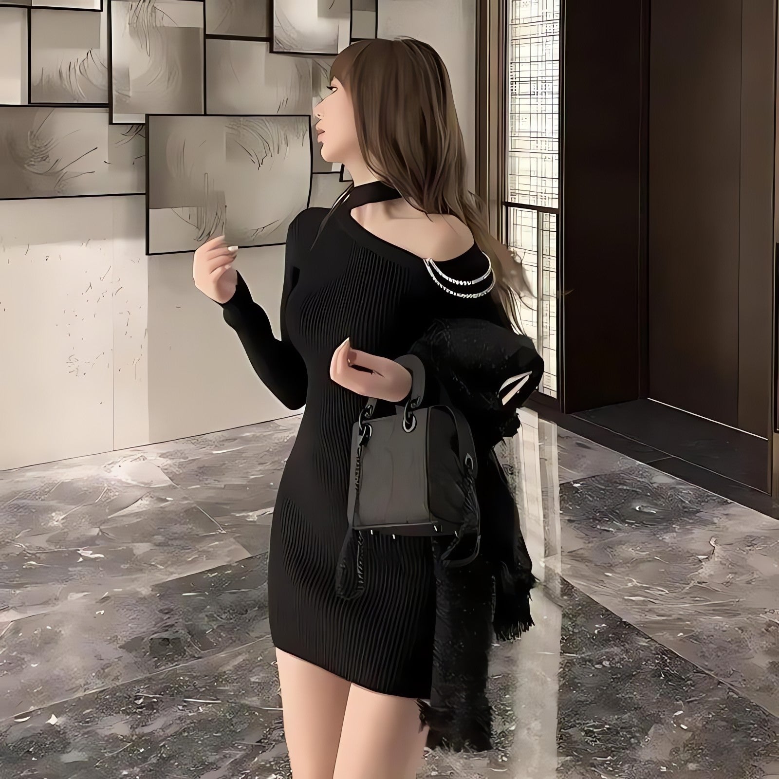 Cut Out Shoulder Rhinestone Mini Dress - KAYSMAR