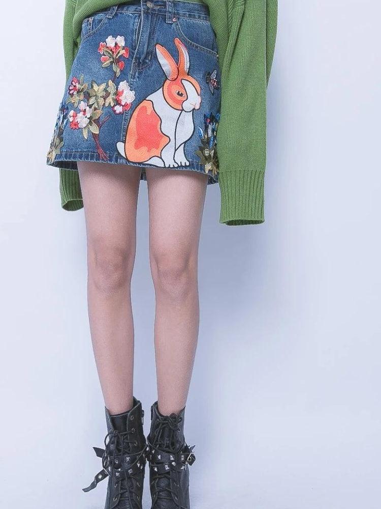 Cute Rabbit Denim Mini Skirt - KAYSMAR