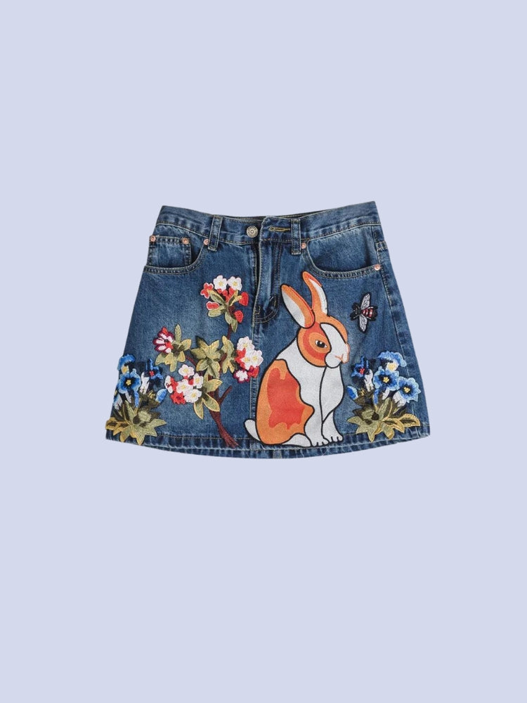 Cute Rabbit Denim Mini Skirt - KAYSMAR