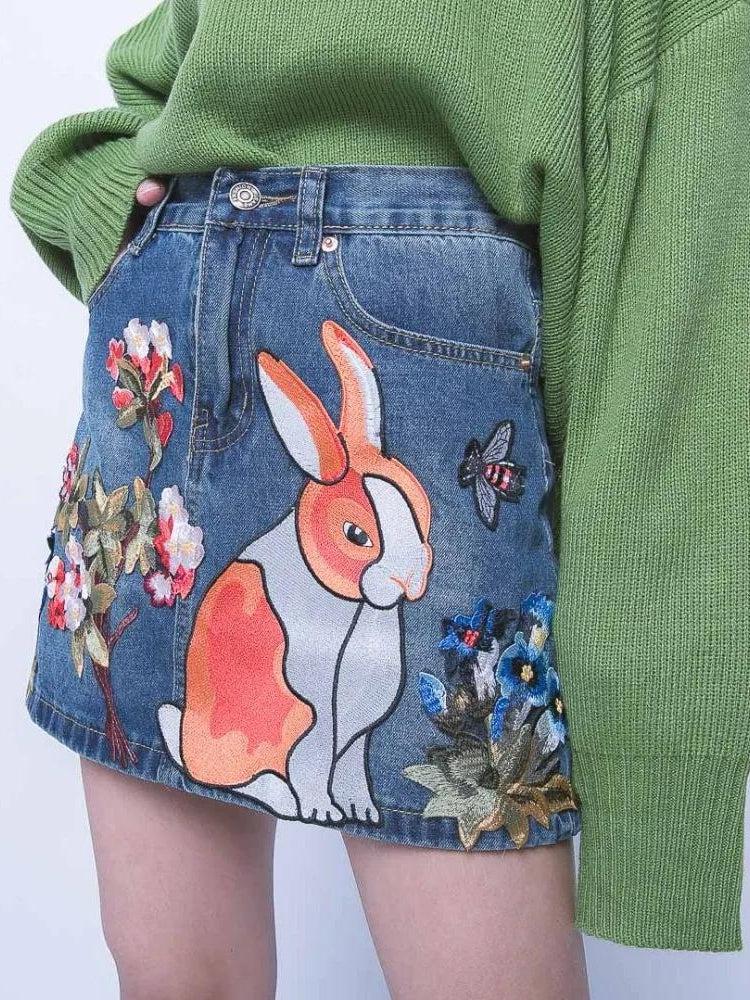 Cute Rabbit Denim Mini Skirt - KAYSMAR