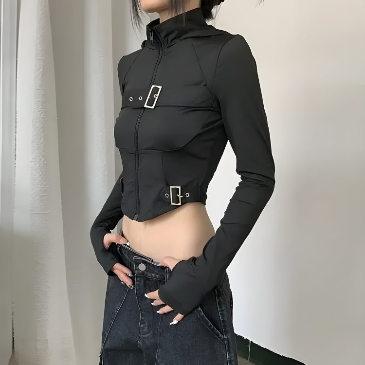Cyberpunk Belted Zip-Up Crop Jacket - KAYSMAR