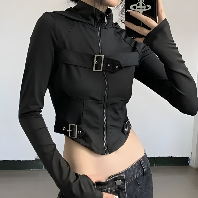 Cyberpunk Belted Zip-Up Crop Jacket - KAYSMAR
