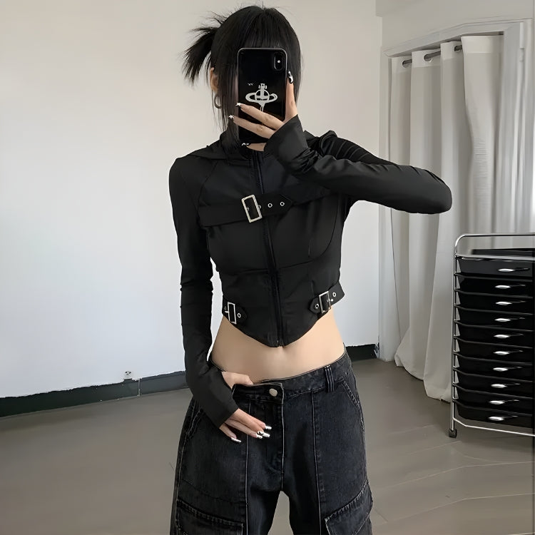Cyberpunk Belted Zip-Up Crop Jacket - KAYSMAR