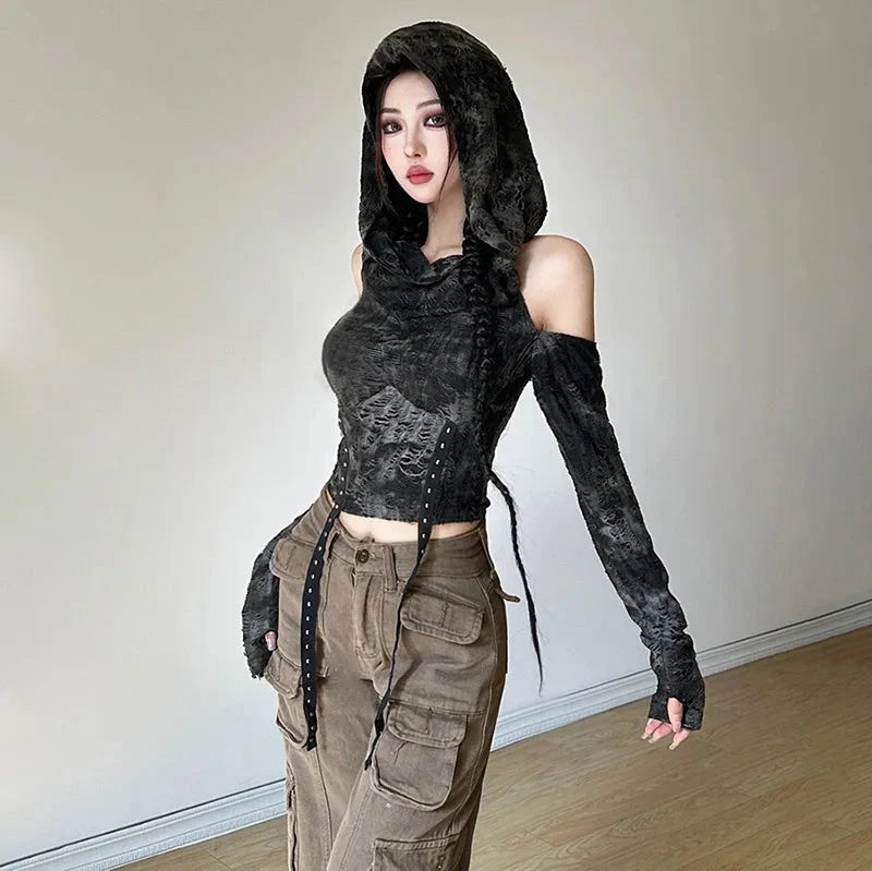 Cyberpunk Off Shoulder Hooded Top - KAYSMAR