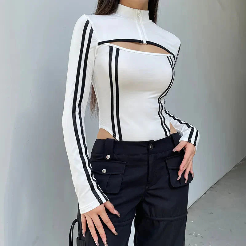 Cyberpunk Striped Cut Out Bodysuit - KAYSMAR