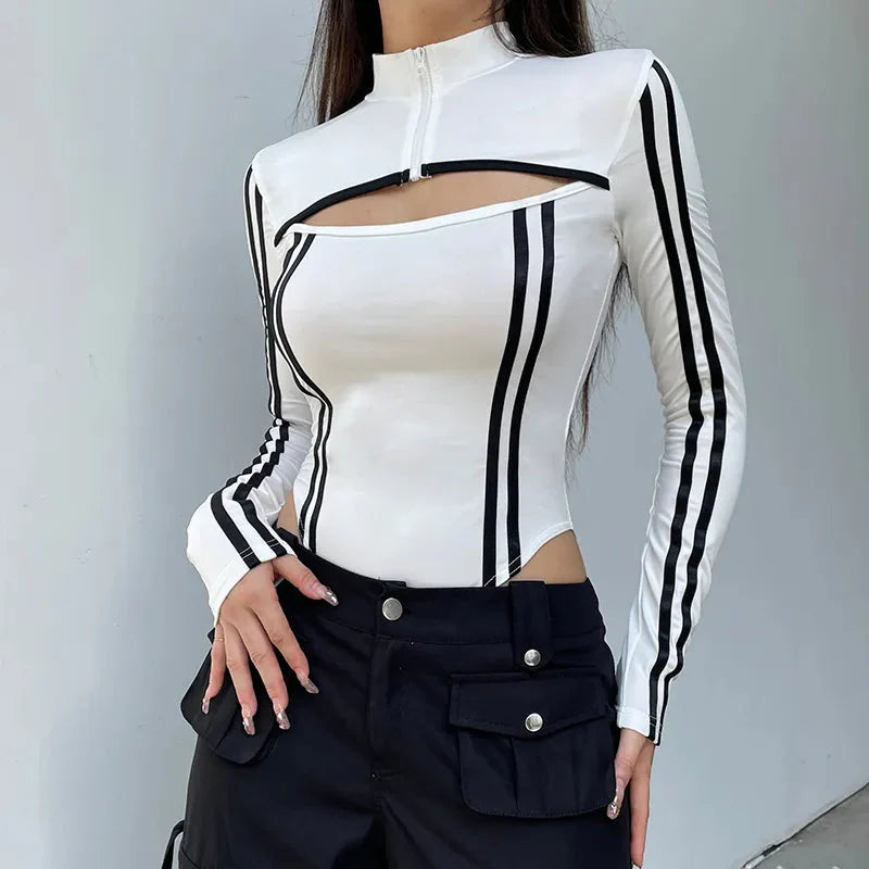 Cyberpunk Striped Cut Out Bodysuit - KAYSMAR