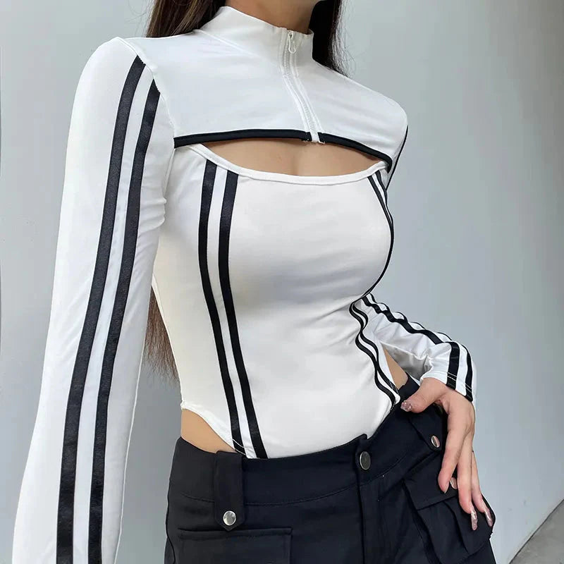 Cyberpunk Striped Cut Out Bodysuit - KAYSMAR