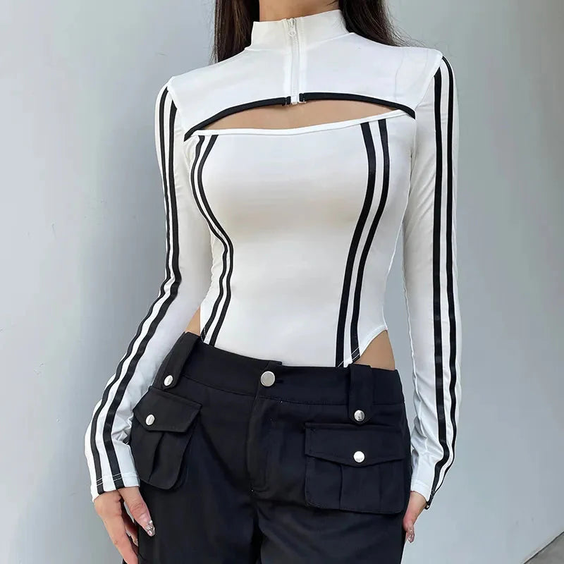 Cyberpunk Striped Cut Out Bodysuit - KAYSMAR