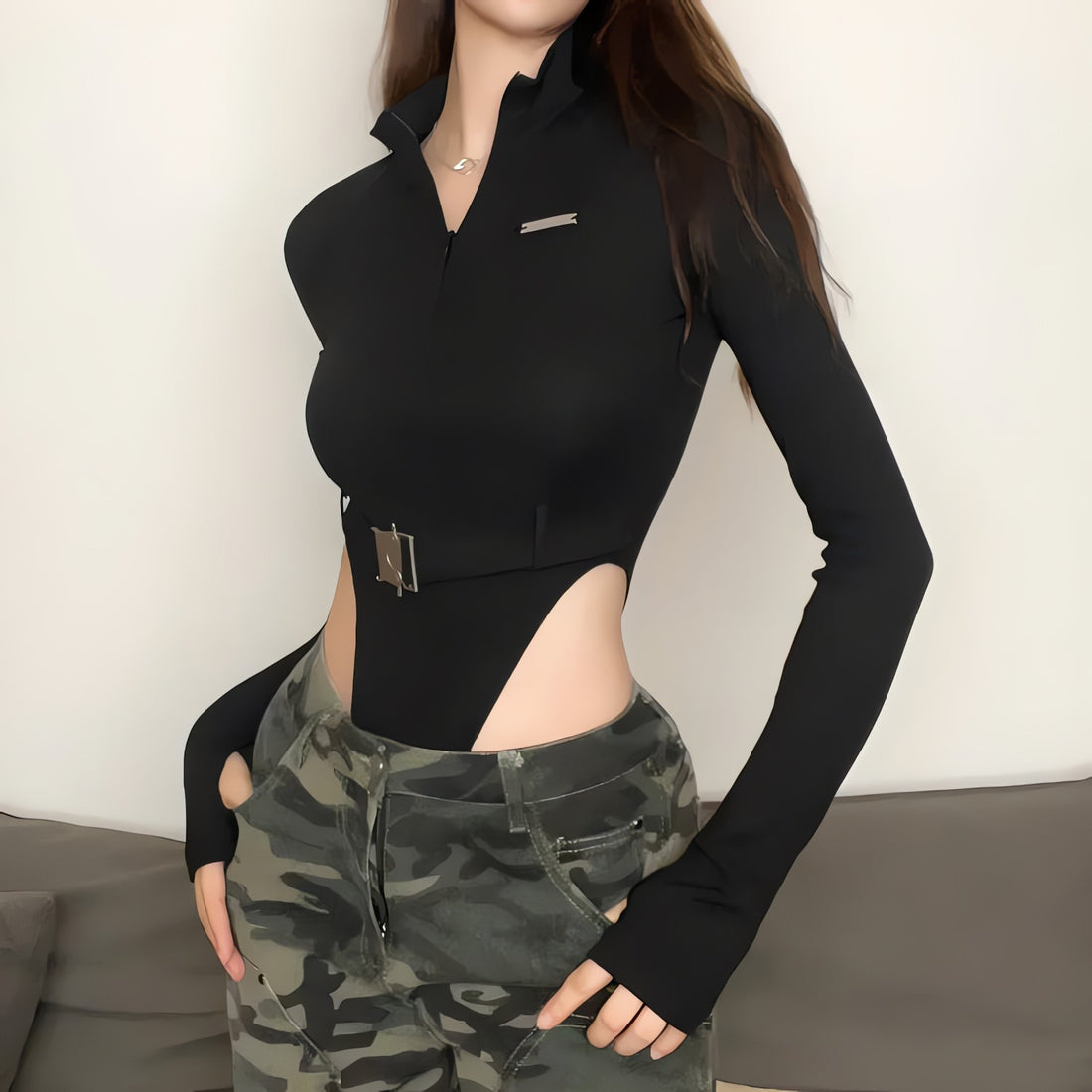Cyberpunk Belted Corduroy Bodysuit - KAYSMAR