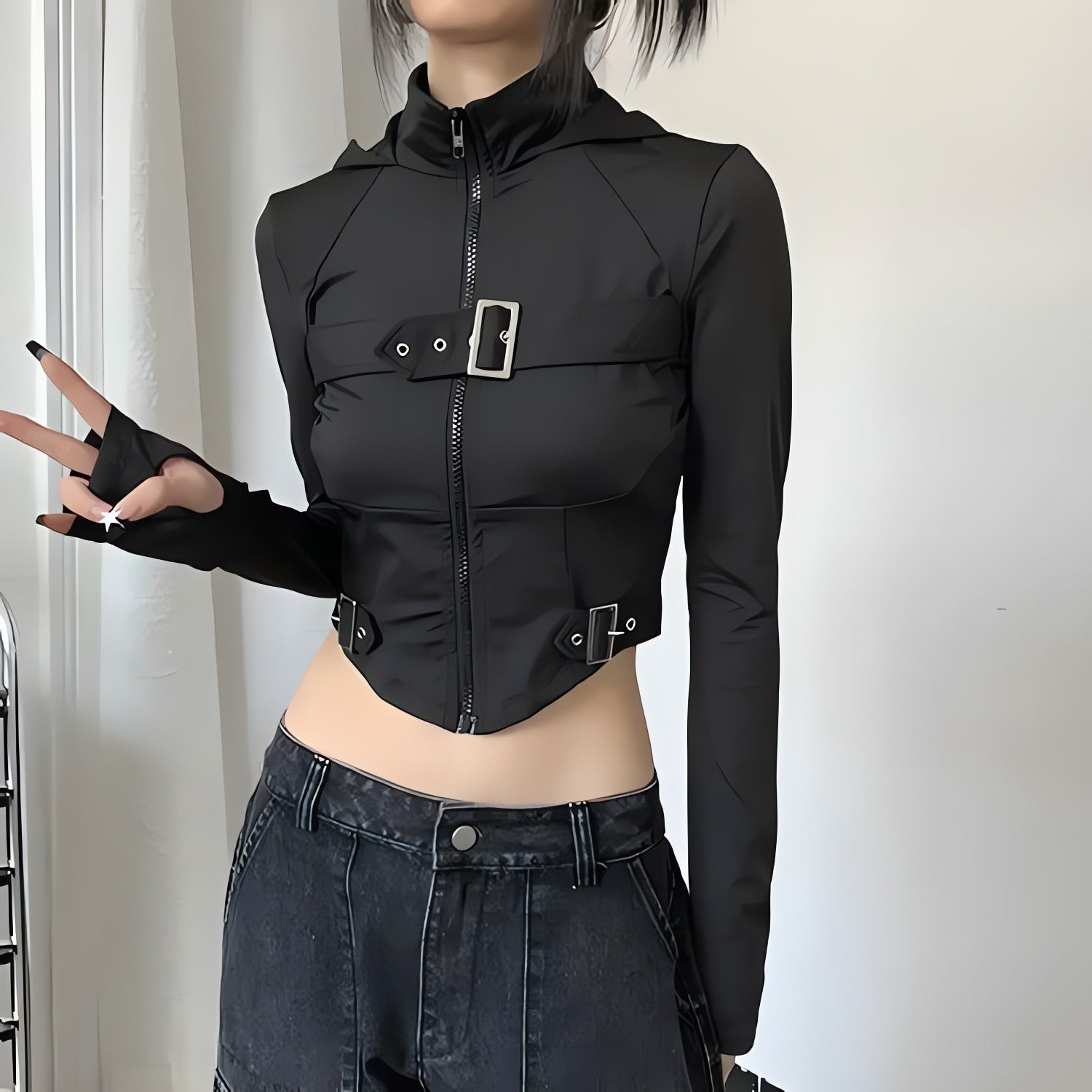 Cyberpunk Belted Zip-Up Crop Jacket - KAYSMAR