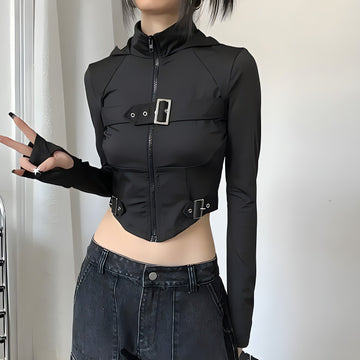 Cyberpunk Belted Zip-Up Crop Jacket - KAYSMAR
