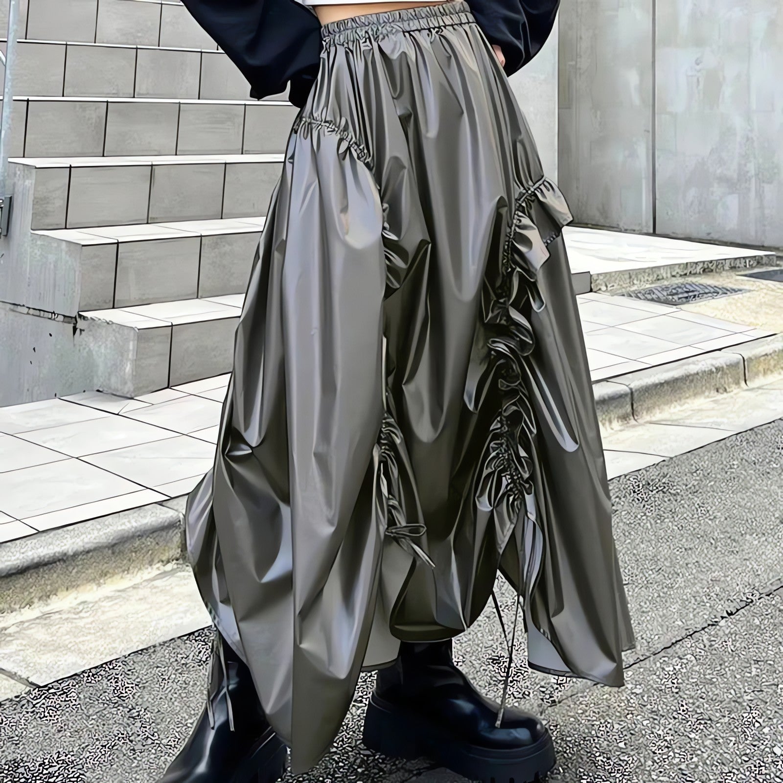 Cyberpunk Ruched Parachute Maxi Skirt - KAYSMAR