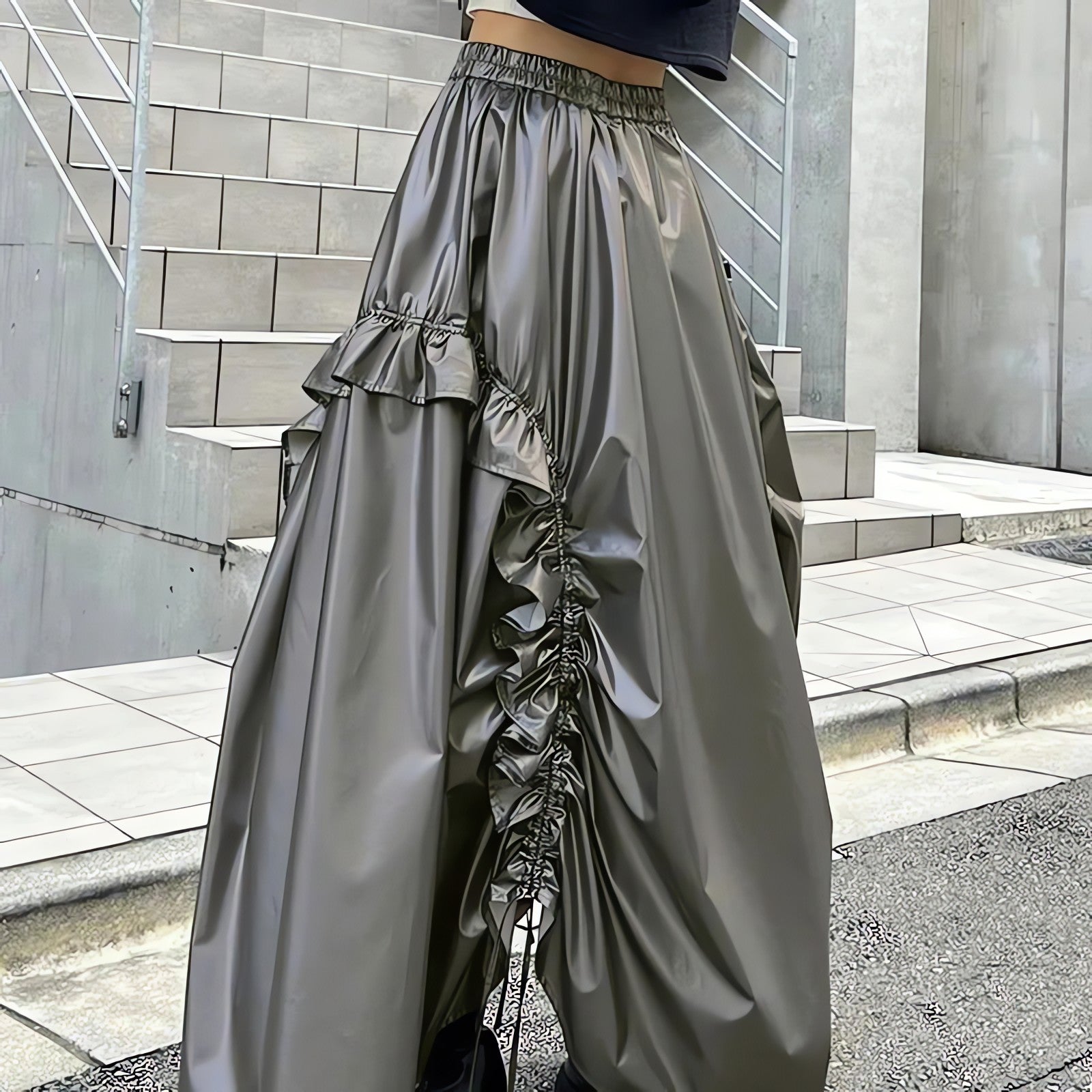 Cyberpunk Ruched Parachute Maxi Skirt - KAYSMAR