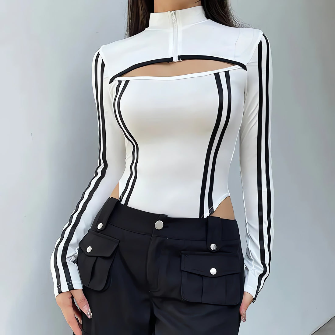Cyberpunk Striped Cut Out Bodysuit - KAYSMAR