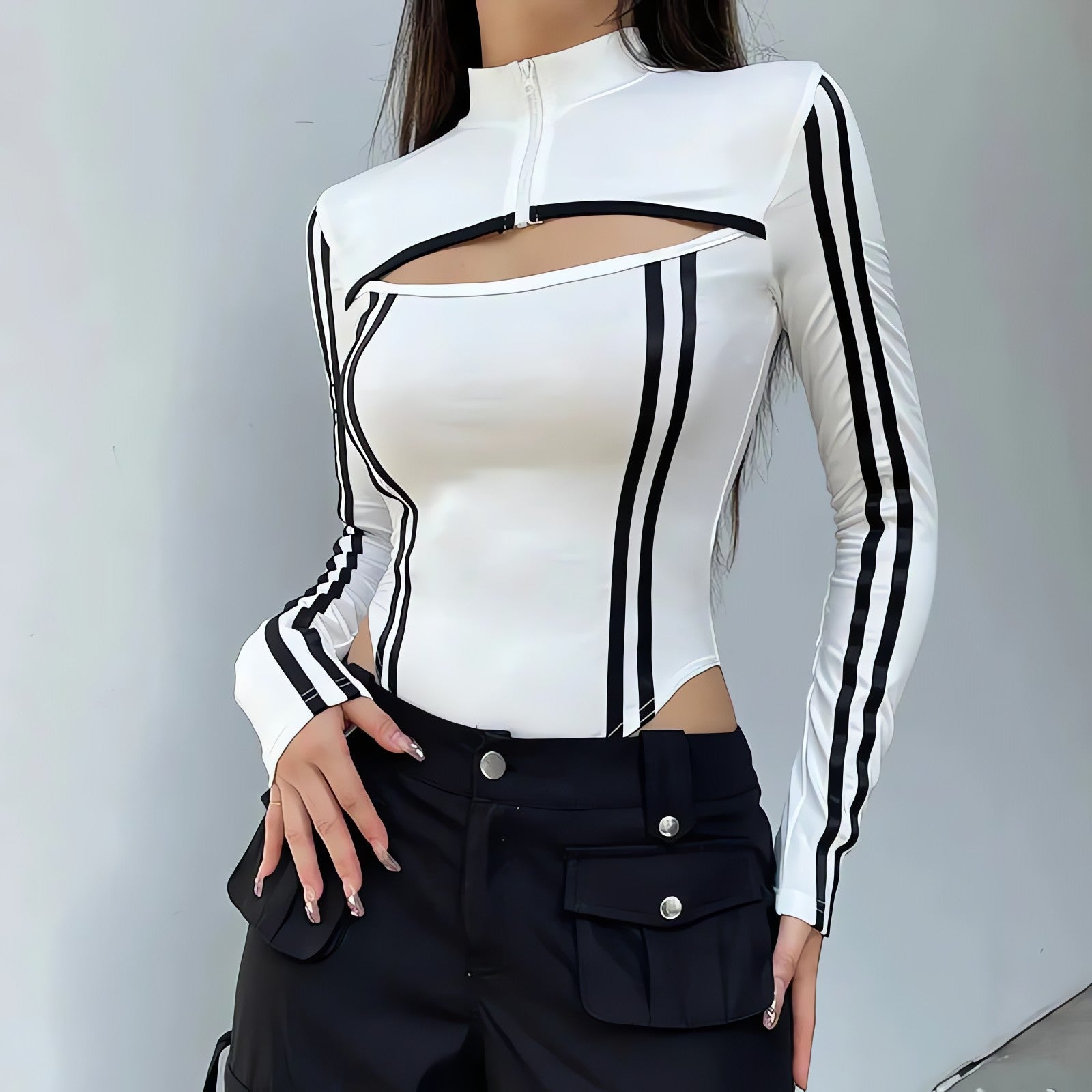 Cyberpunk Striped Cut Out Bodysuit - KAYSMAR