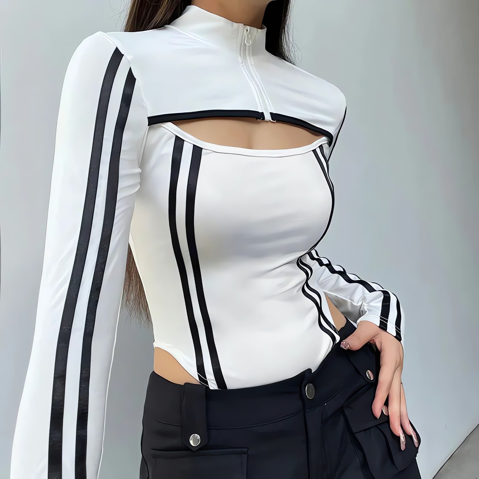 Cyberpunk Striped Cut Out Bodysuit - KAYSMAR
