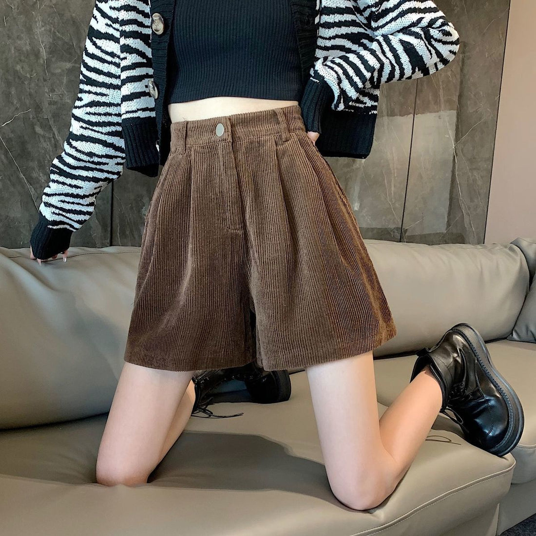 Dark Academia High Waist Corduroy Shorts - KAYSMAR