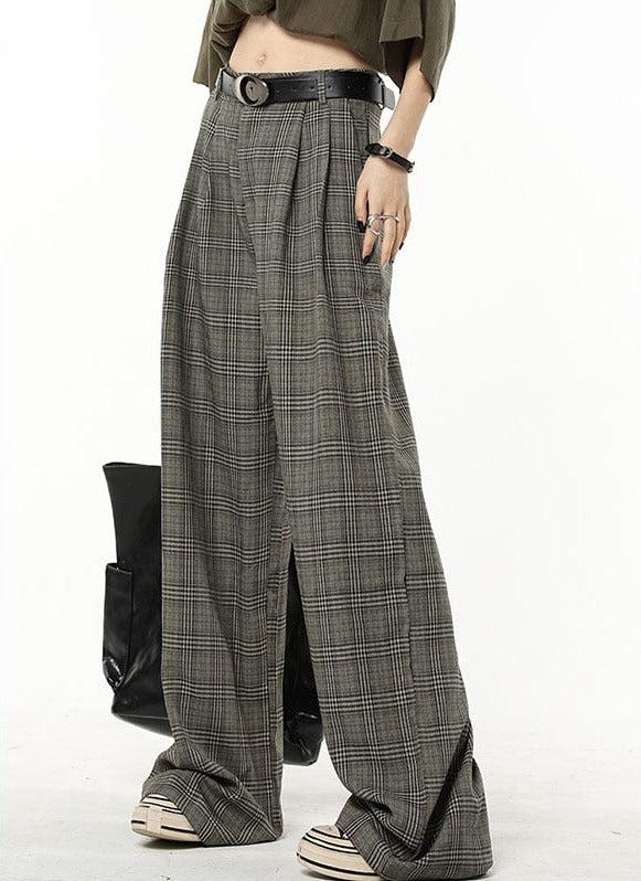 Dark Academia Wide Leg Plaid Pants - KAYSMAR