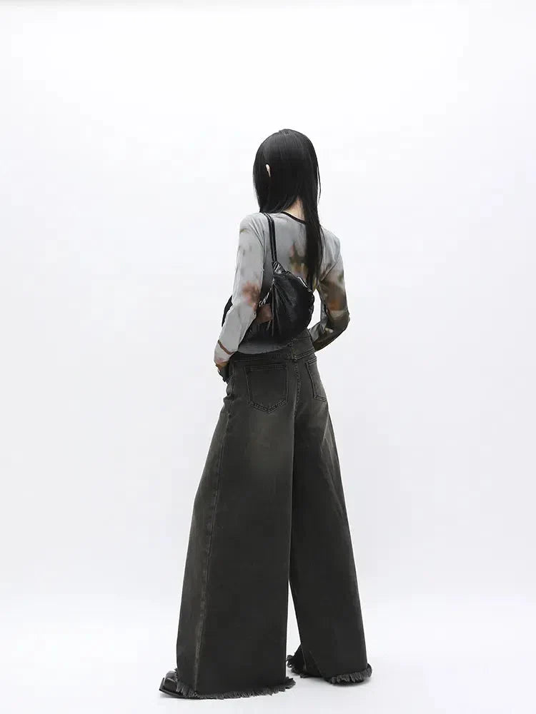 Dark Wash Distressed Wide Leg Jeans - KAYSMAR