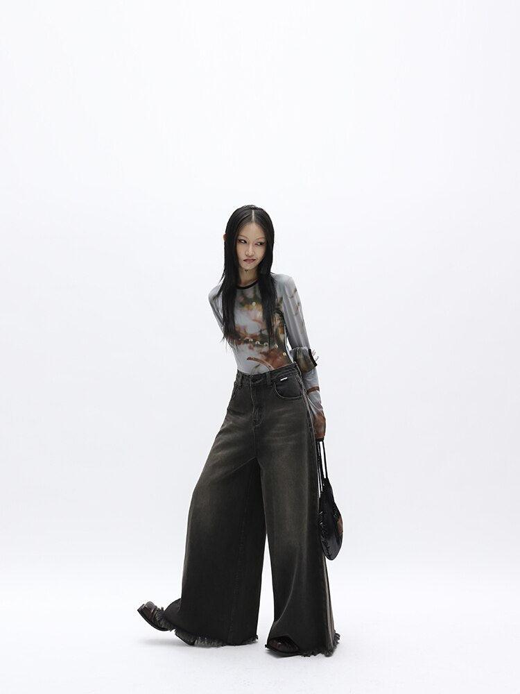 Dark Wash Distressed Wide Leg Jeans - KAYSMAR