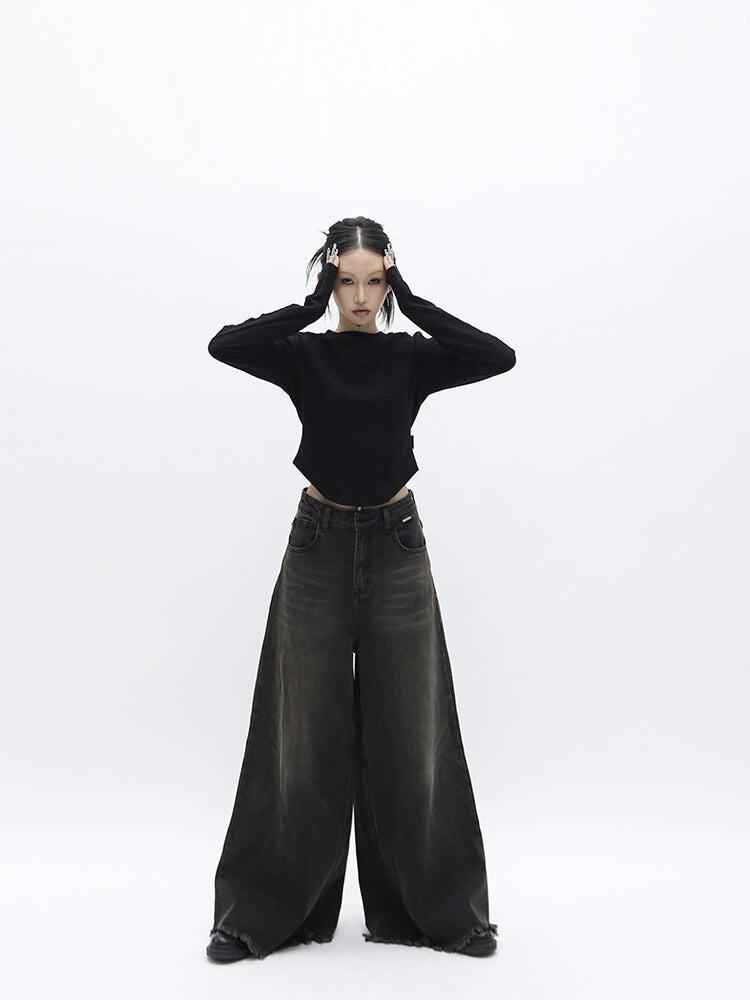 Dark Wash Distressed Wide Leg Jeans - KAYSMAR