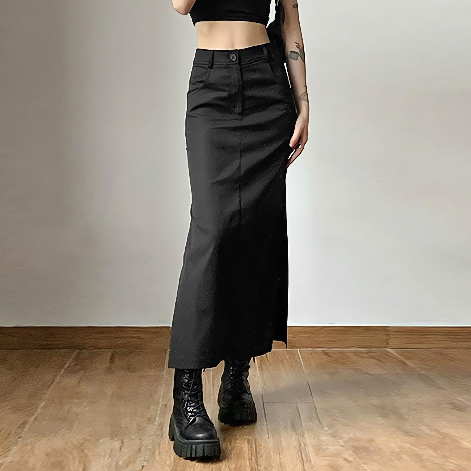 Dark Academia Side Slit Maxi Skirt - KAYSMAR