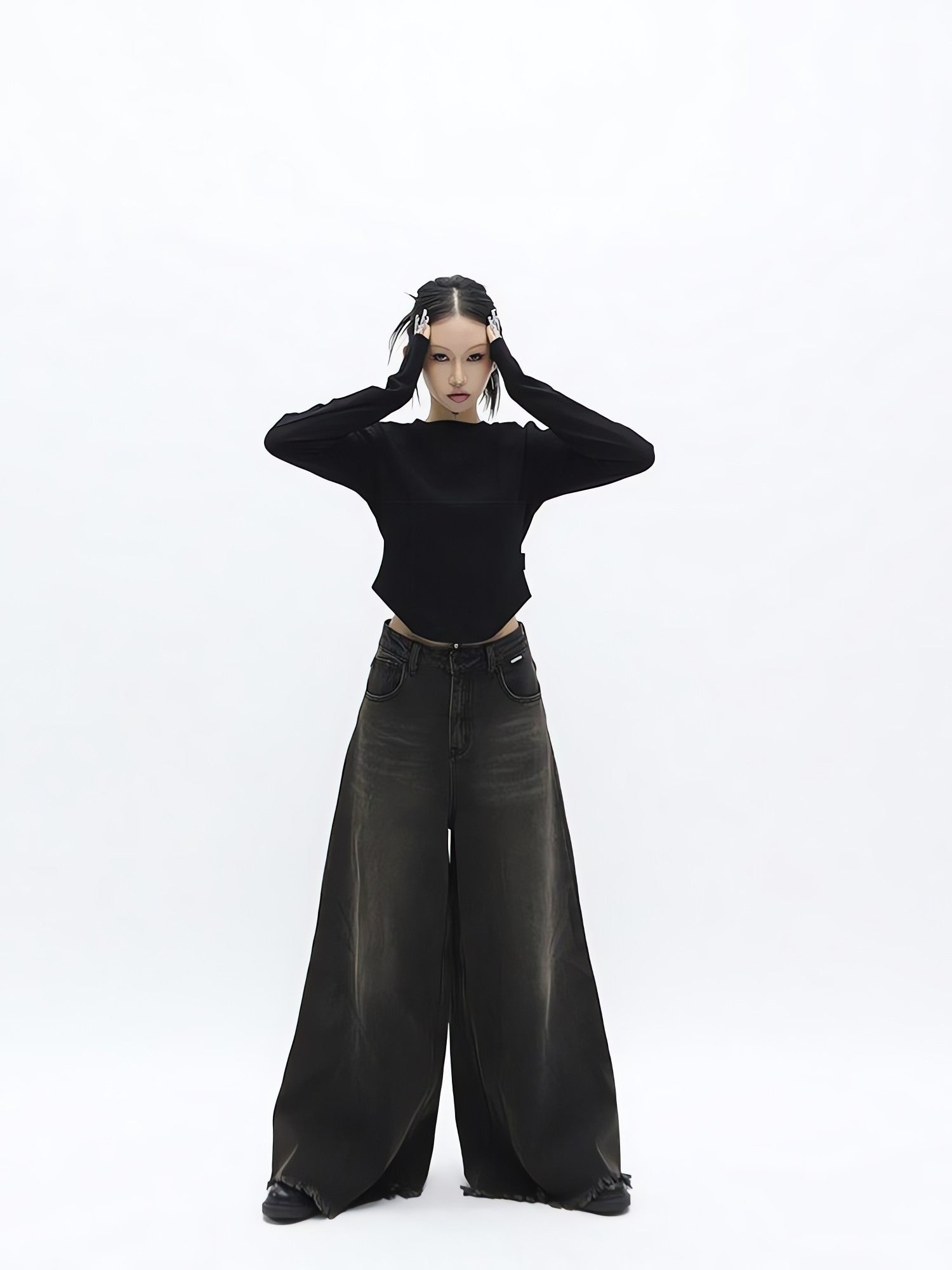 Dark Wash Distressed Wide Leg Jeans - KAYSMAR