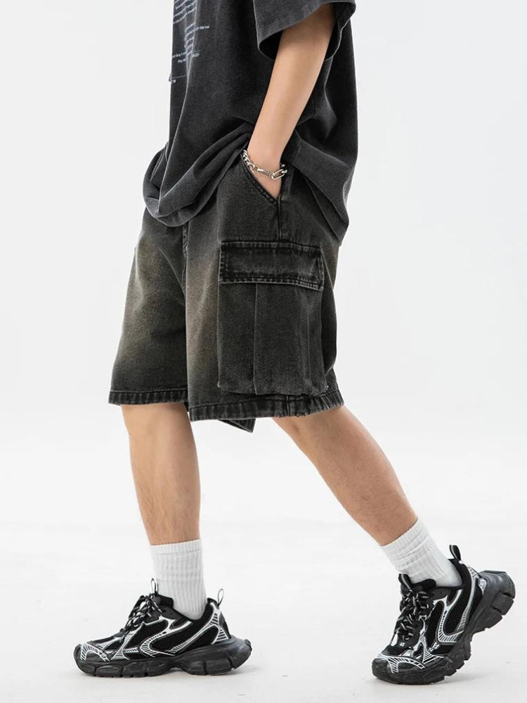 Denim Drawstring Wide Leg Cargo Shorts - KAYSMAR